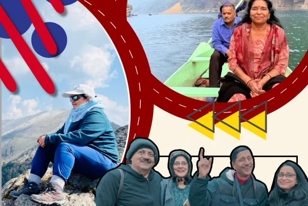 Senior Citizen Trip with group enjoying mountains, boat rides, and happy travel moments together.