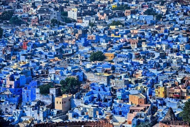 Ajmer to Jodhpur: aerial view of blue-painted homes in Jodhpur’s old town