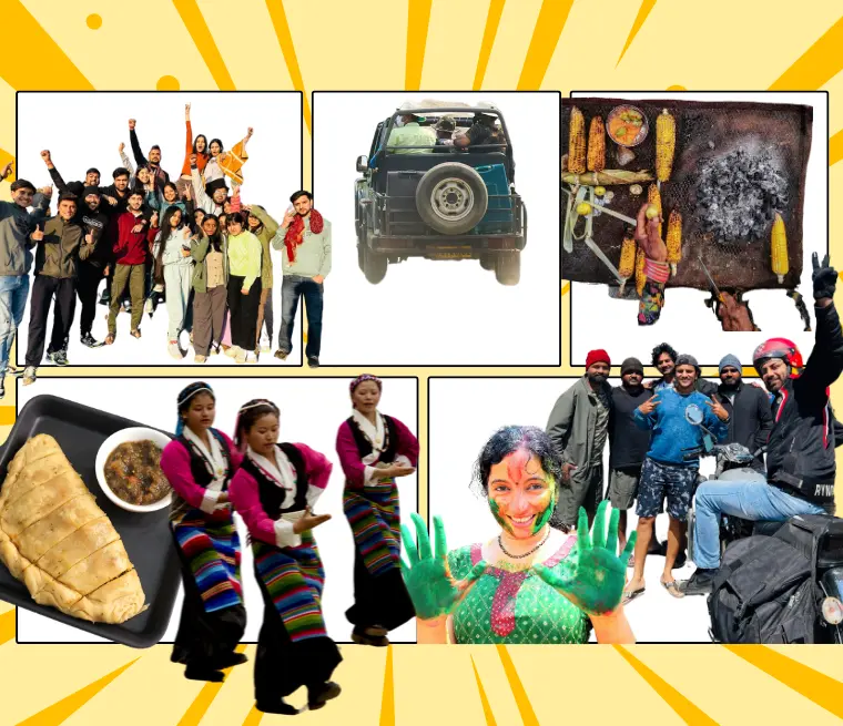 Collage of group travel, jeep ride, local food, cultural dance, and Holi festival with best travel packages in India.