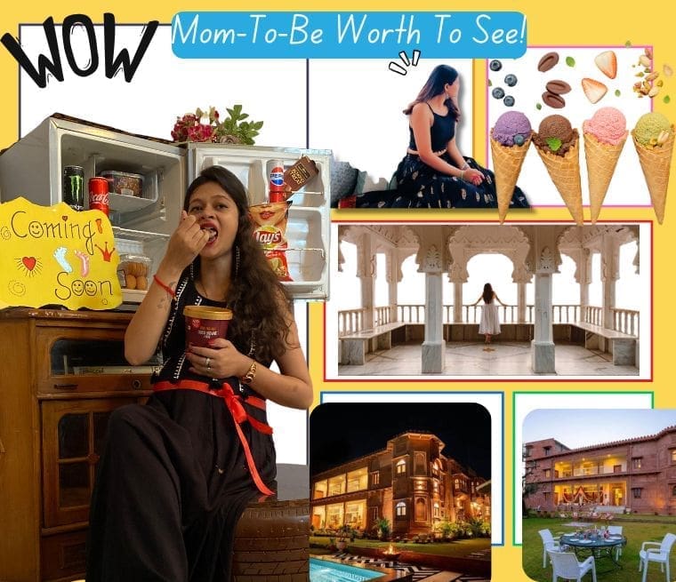 Collage of mom-to-be moments and luxury stays — Babymoon Retreat Rajasthan