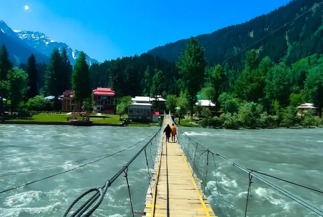 Suspension bridge over river in Gurez Valley Kashmir with snow peaks and pine forests