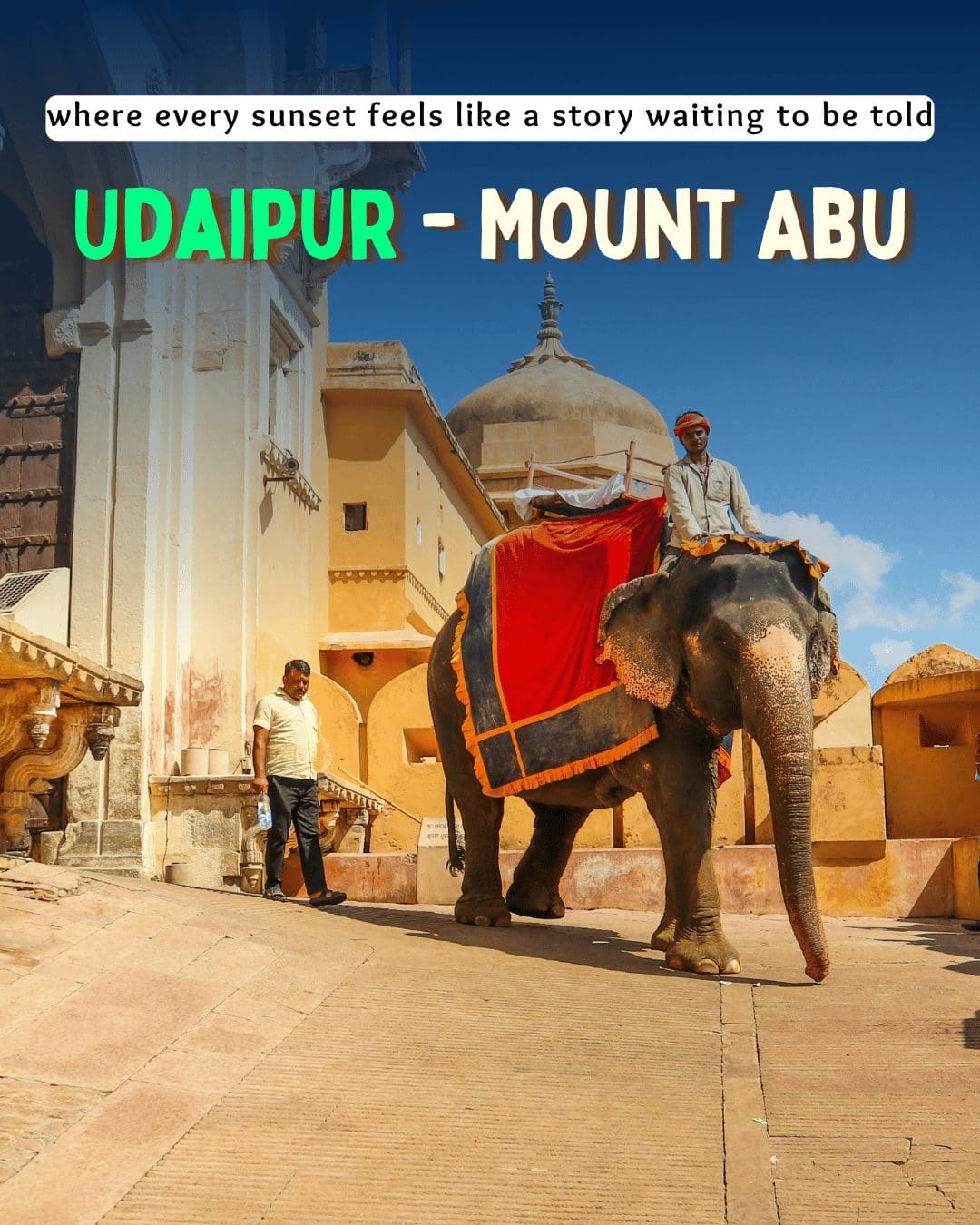 Elephant with rider near a heritage palace in Rajasthan, perfect stop on Jaipur to Udaipur journey.