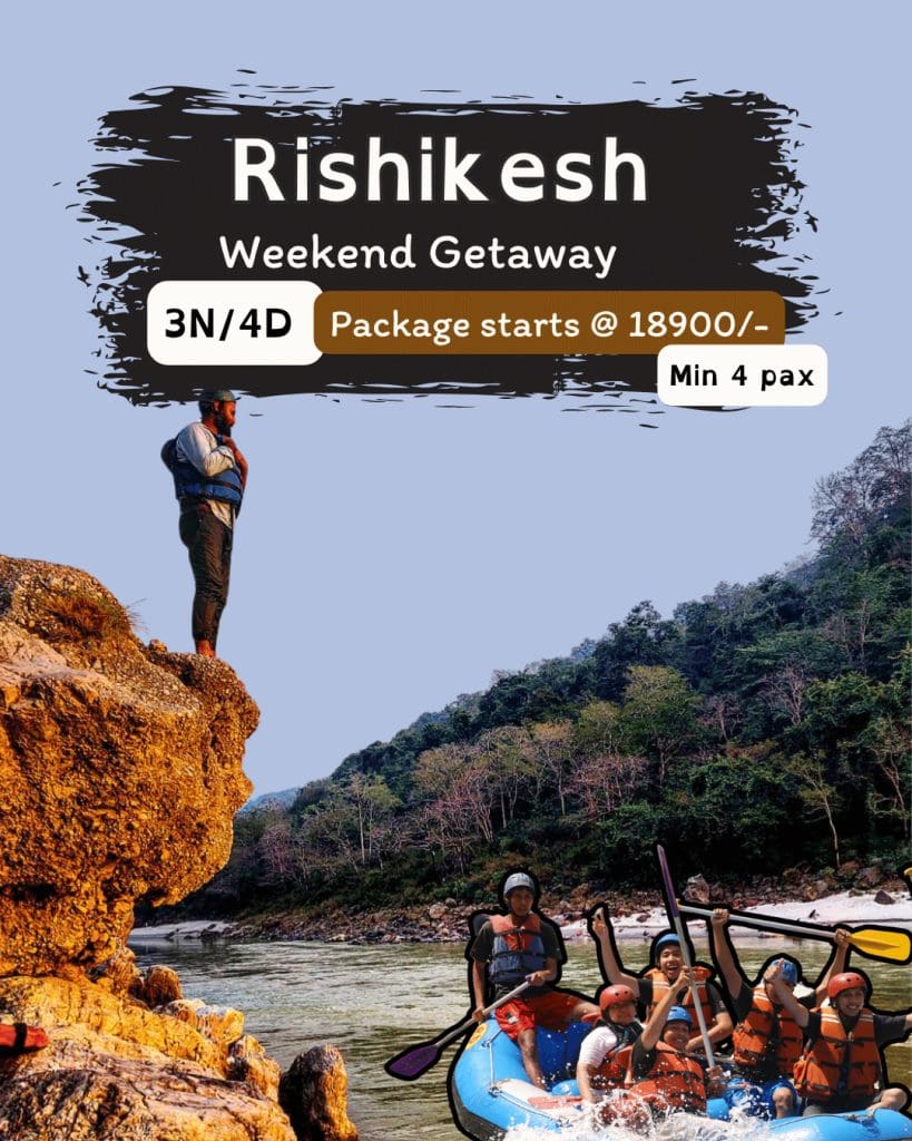Adventure poster of Rishikesh Trip showing river rafting group and a man standing on a cliff by the river.