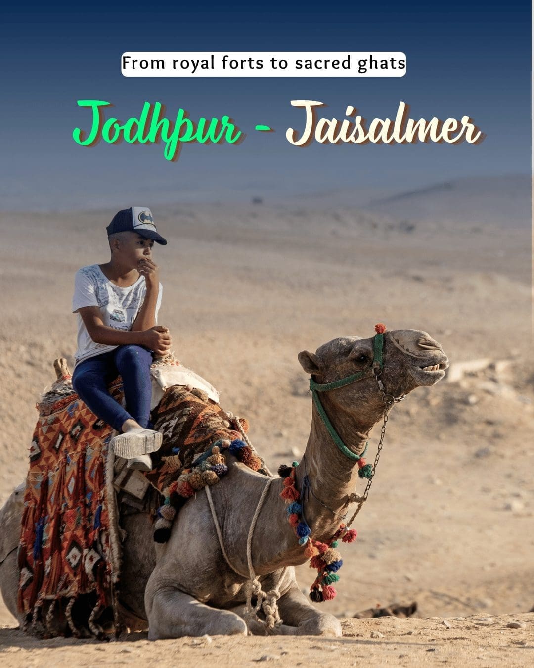 Traveler sitting on a decorated camel in the desert between Jodhpur and Jaisalmer, exploring bikaner to jaisalmer distance.