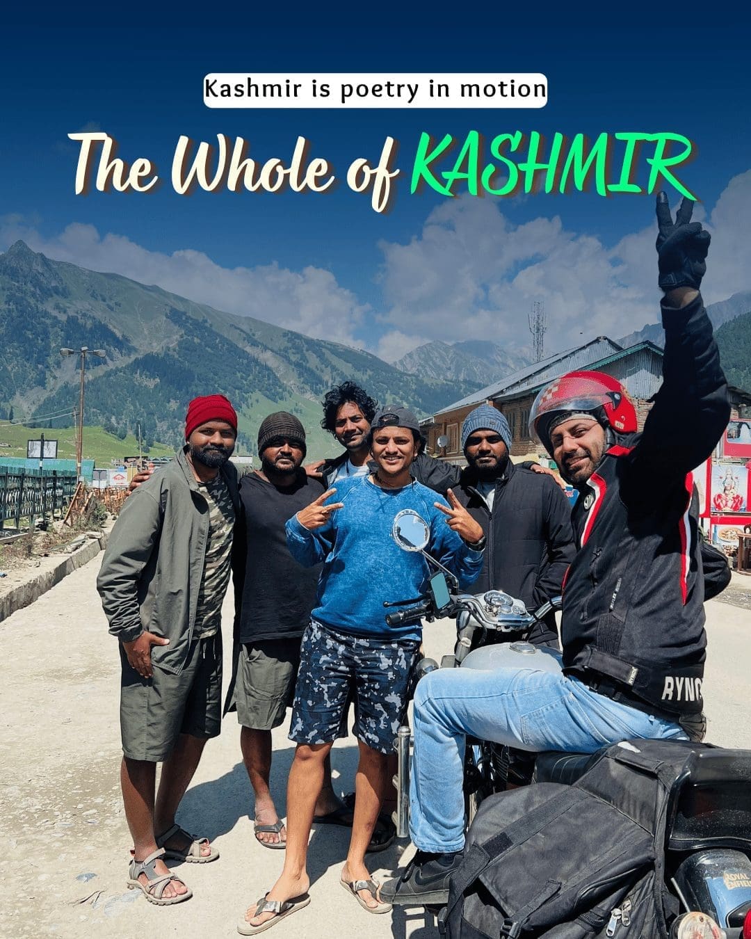 Group of friends posing with bikes in Kashmir mountains, exploring gulmarg distance from srinagar.