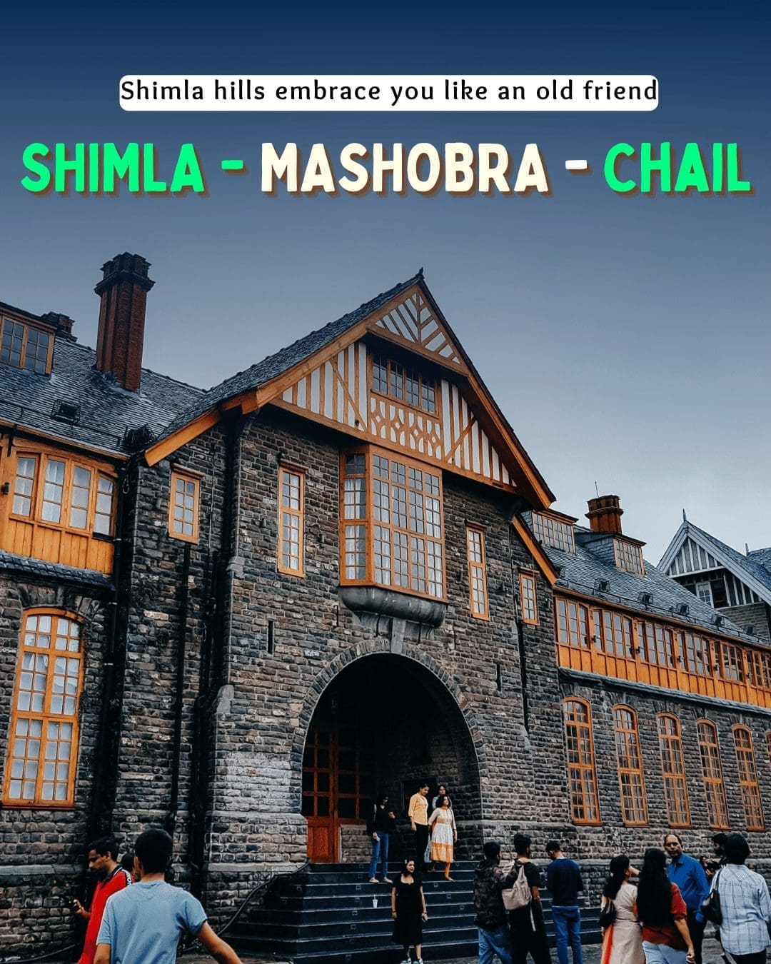 Tourists outside a heritage building in Shimla hills near Mashobra India on a clear day
