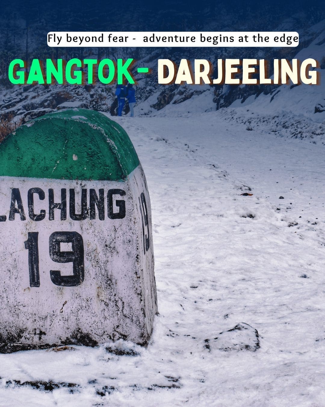 Snowy milestone reading Lachung 19 on the Gangtok to Darjeeling route, showing winter scenery and best time to visit Sikkim Gangtok Darjeeling