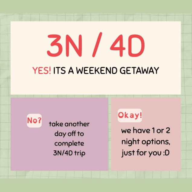 3N/4D weekend getaway options with flexible trip durations for a Budget Weekend Getaway