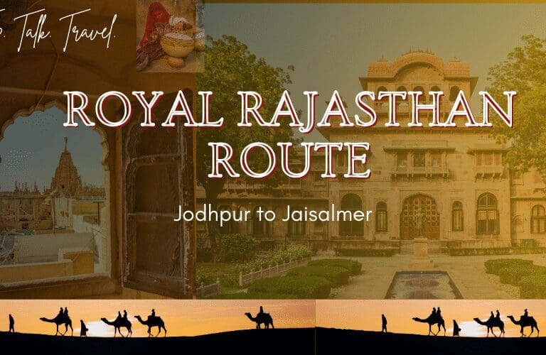 Palace facade, carved window and camel silhouettes at sunset — Jodhpur to Jaisalmer