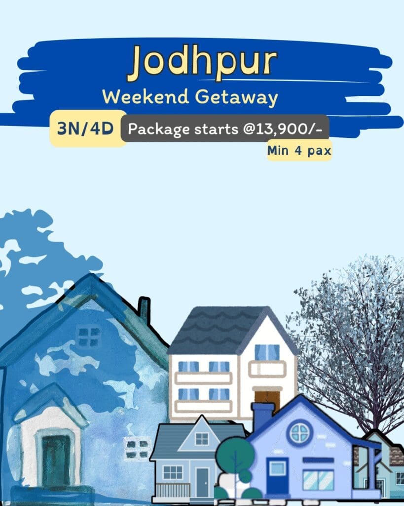 Jodhpur weekend getaway poster showing blue city houses and trees in soft tones