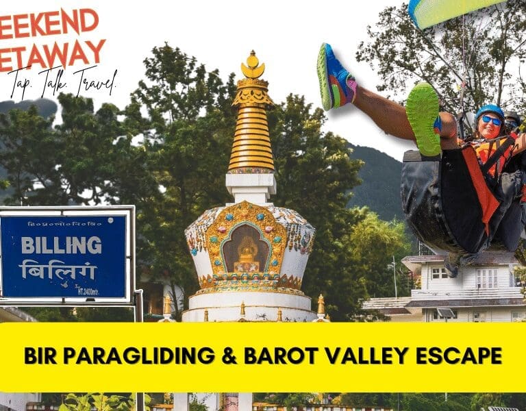 Paragliders launching in Bir with river valley view.