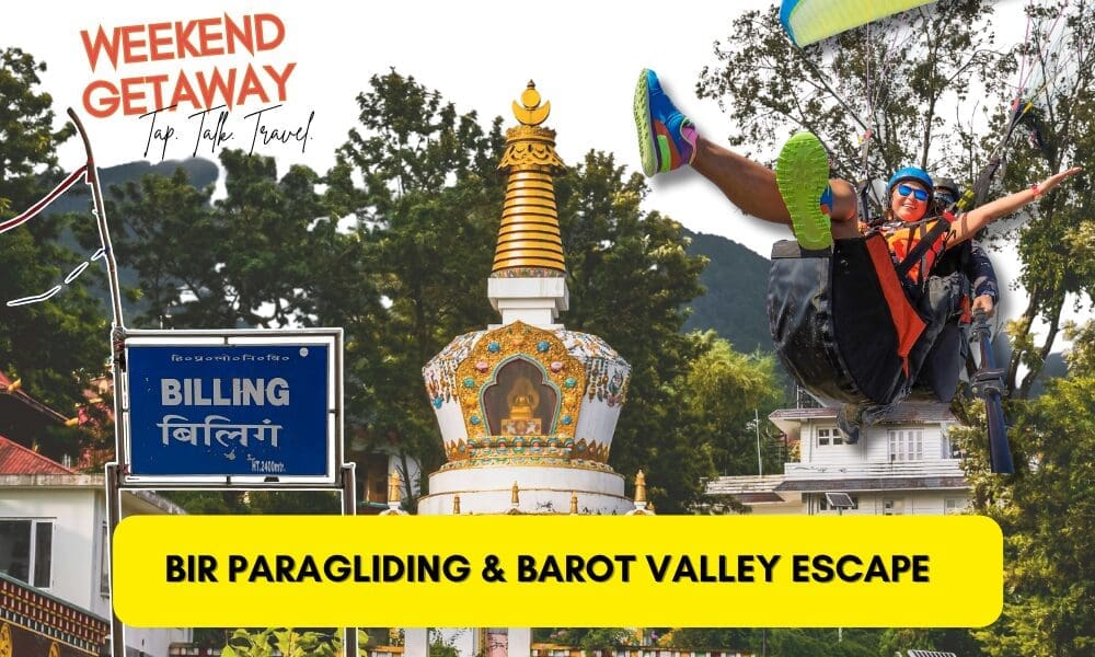 Paragliders launching in Bir with river valley view.