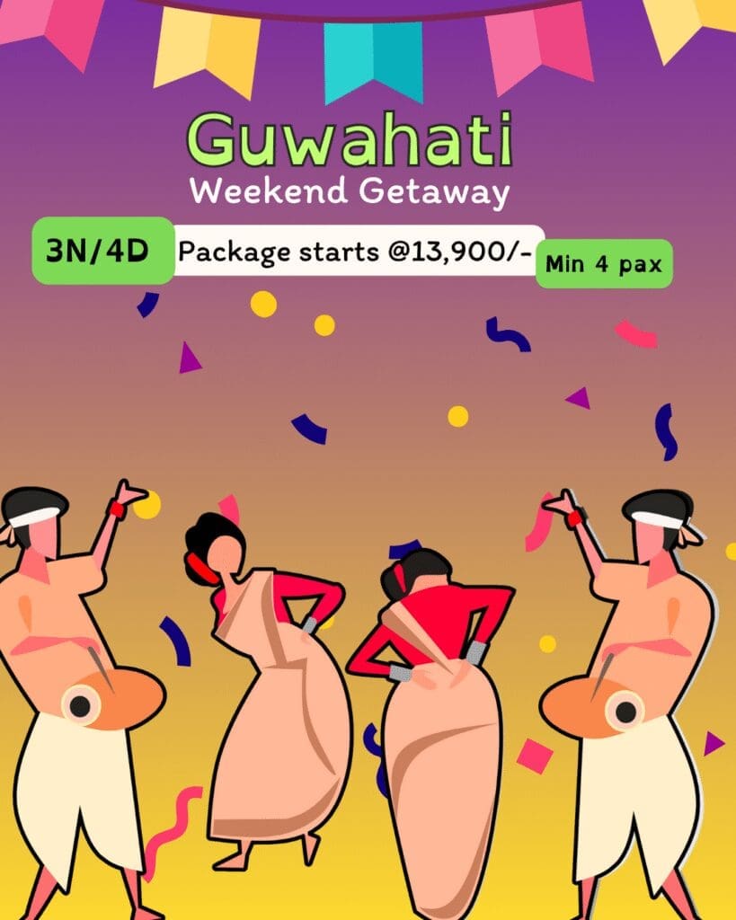 Colorful Guwahati weekend getaway poster with traditional Assamese dancers and festive decor