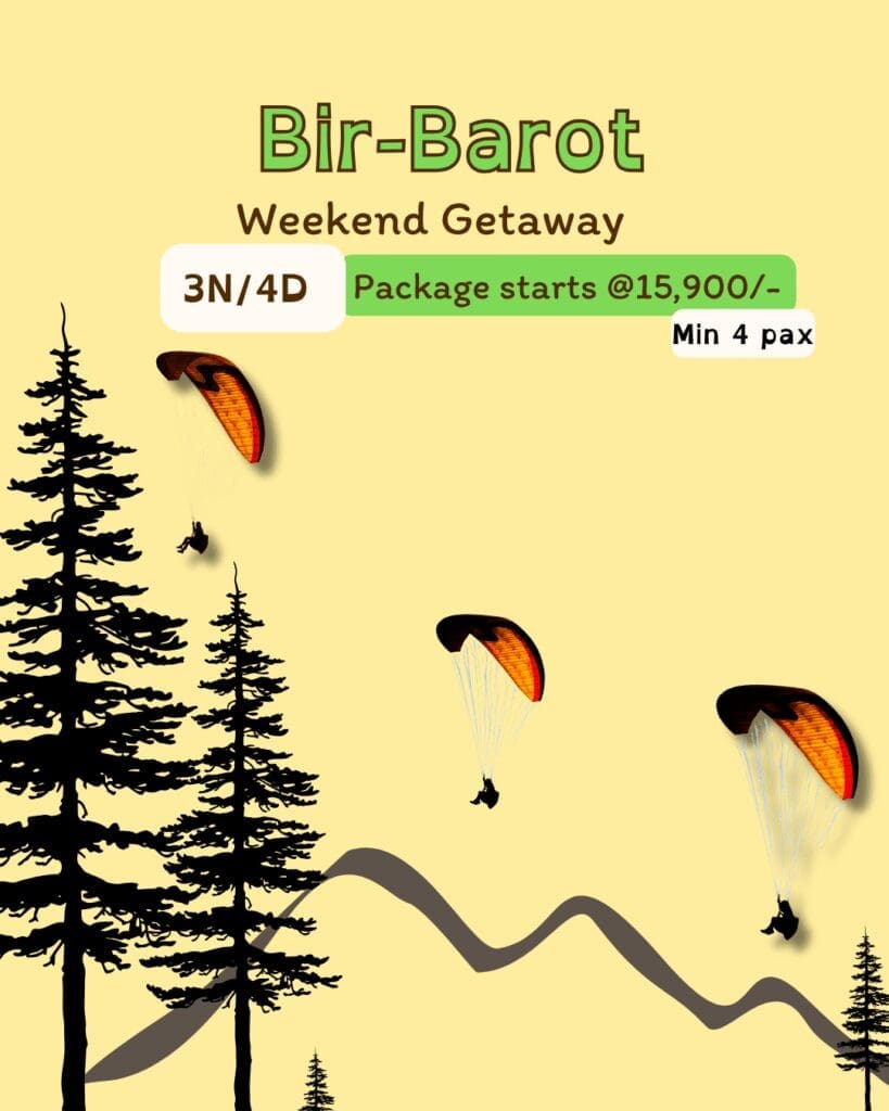 paragliders over pine trees and hills promoting Bir-Barot weekend getaway package