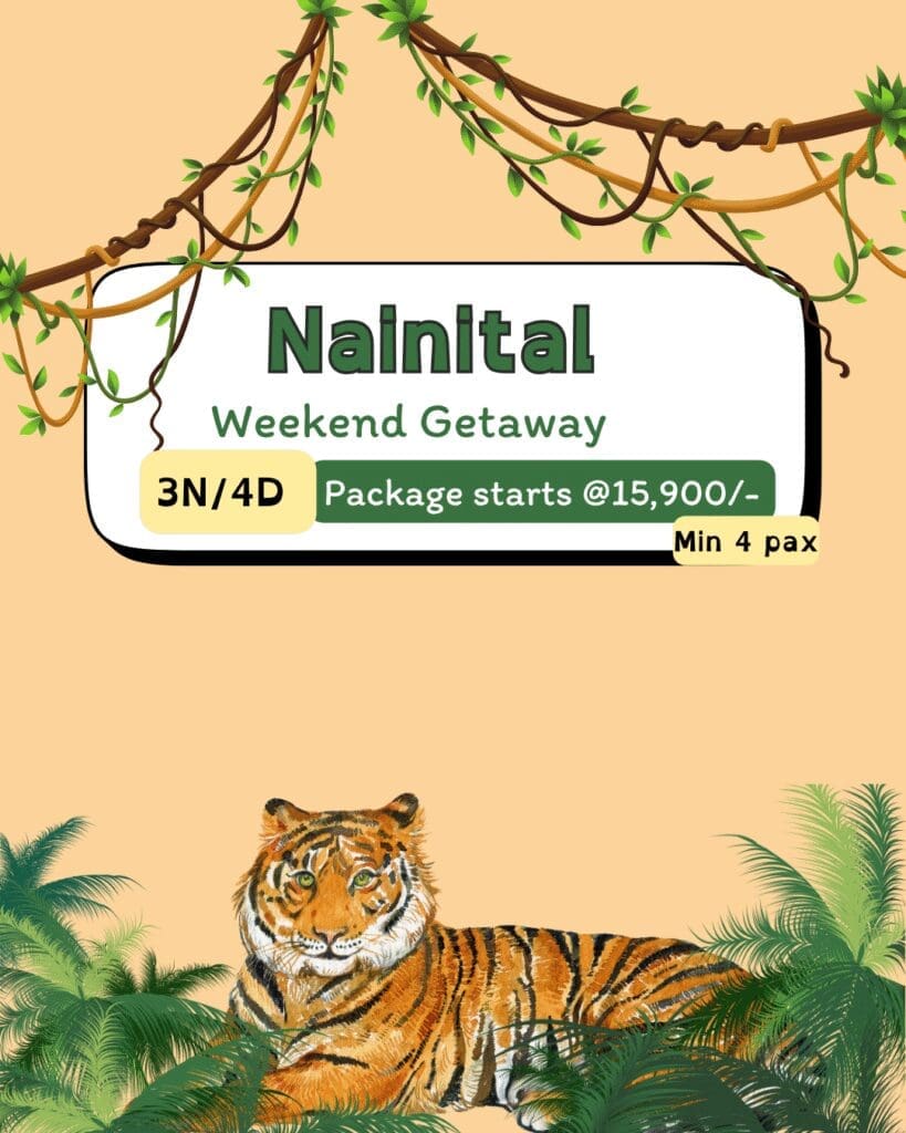 Nainital weekend getaway poster with tiger illustration and jungle background