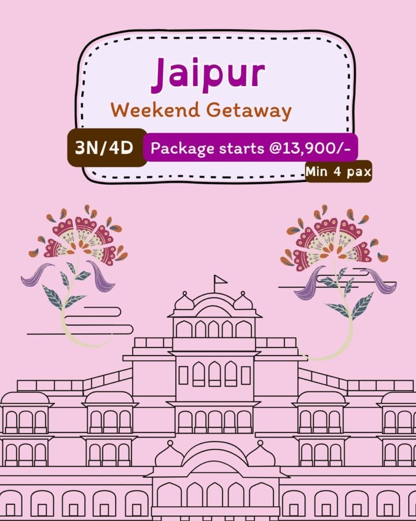 Illustration of Jaipur palace with floral motifs promoting Jaipur weekend getaway package