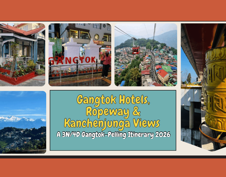 Scenic collage showing ropeway ride, mountain views, and charming gangtok hotels during a Gangtok–Pelling travel itinerary.